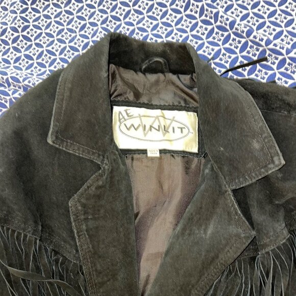 Winlit Vintage Jacket Size Medium Black Suede Fringe Asymmetric Snap Closure - Picture 14 of 14